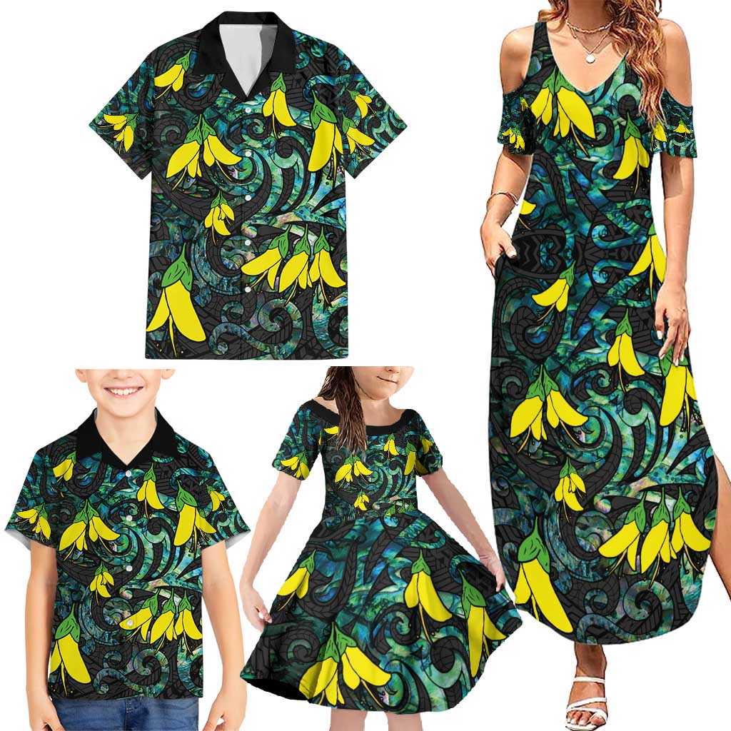 New Zealand Kowhai Flowers Family Matching Summer Maxi Dress and Hawaiian Shirt Maori Koru Pattern With Paua Shell Style LT03 - Polynesian Pride
