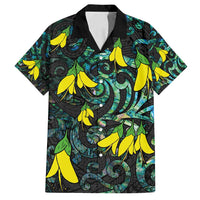 New Zealand Kowhai Flowers Family Matching Summer Maxi Dress and Hawaiian Shirt Maori Koru Pattern With Paua Shell Style LT03 Dad's Shirt - Short Sleeve Black - Polynesian Pride