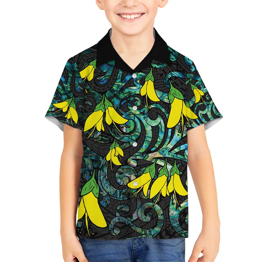 New Zealand Kowhai Flowers Family Matching Tank Maxi Dress and Hawaiian Shirt Maori Koru Pattern With Paua Shell Style LT03 Son's Shirt Black - Polynesian Pride