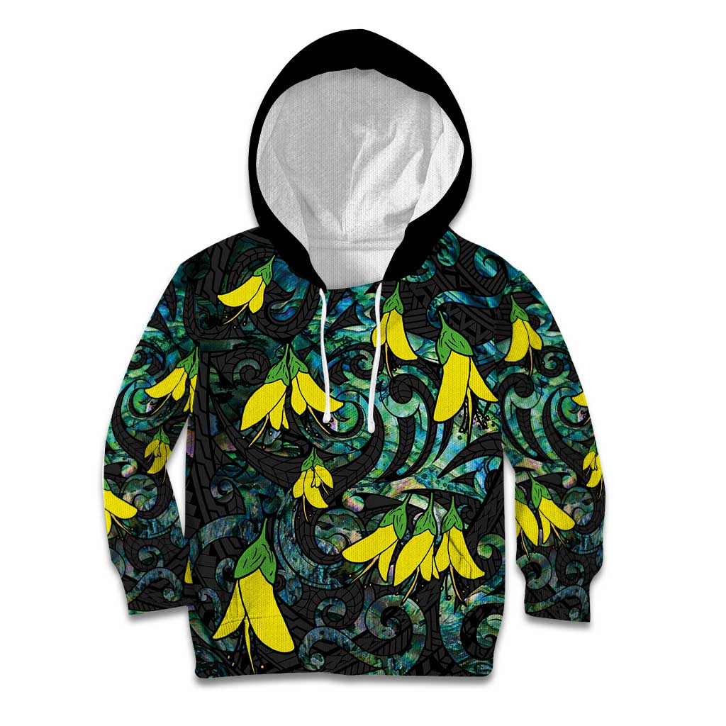 New Zealand Kowhai Flowers Kid Hoodie Maori Koru Pattern With Paua Shell Style