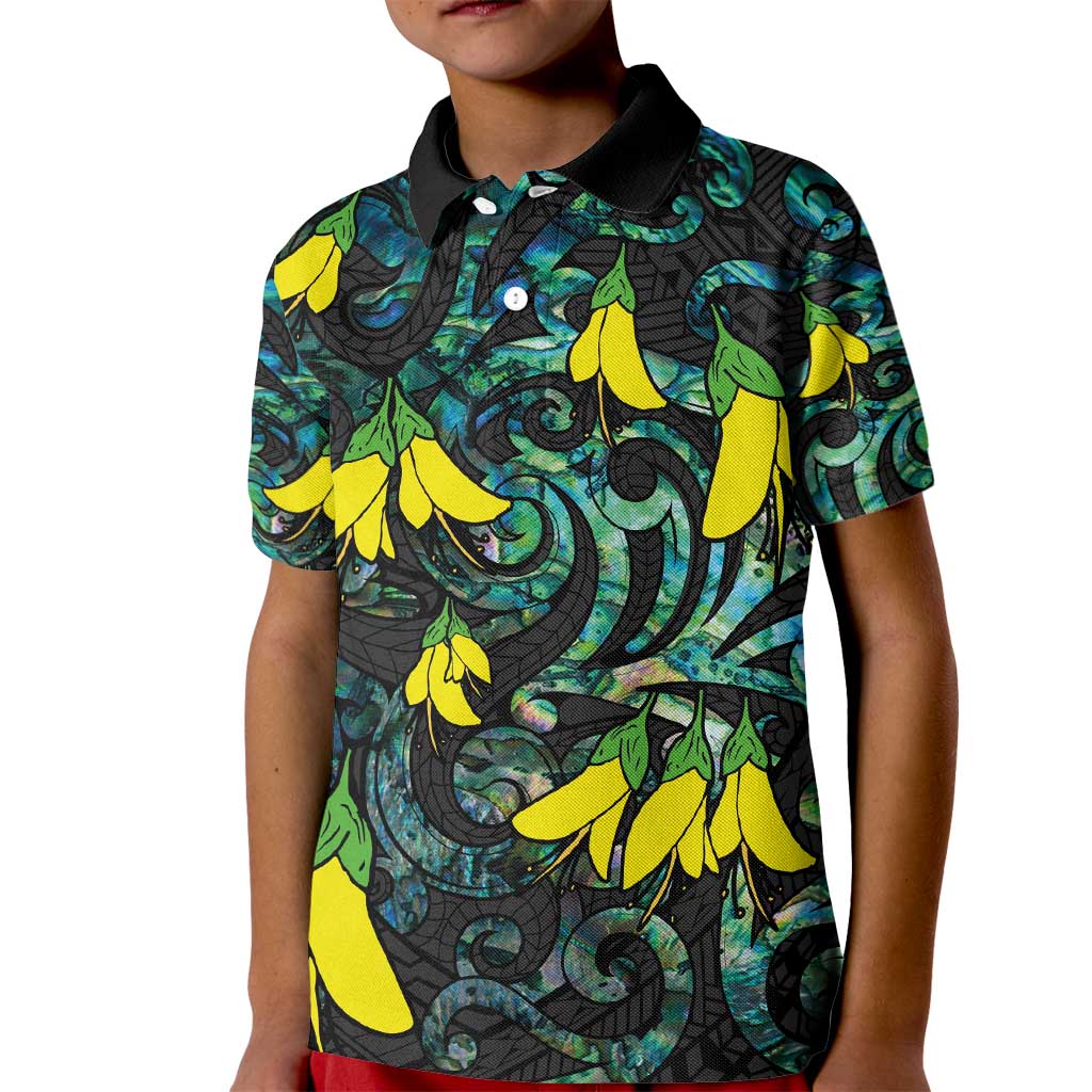 New Zealand Kowhai Flowers Kid Polo Shirt Maori Koru Pattern With Paua Shell Style