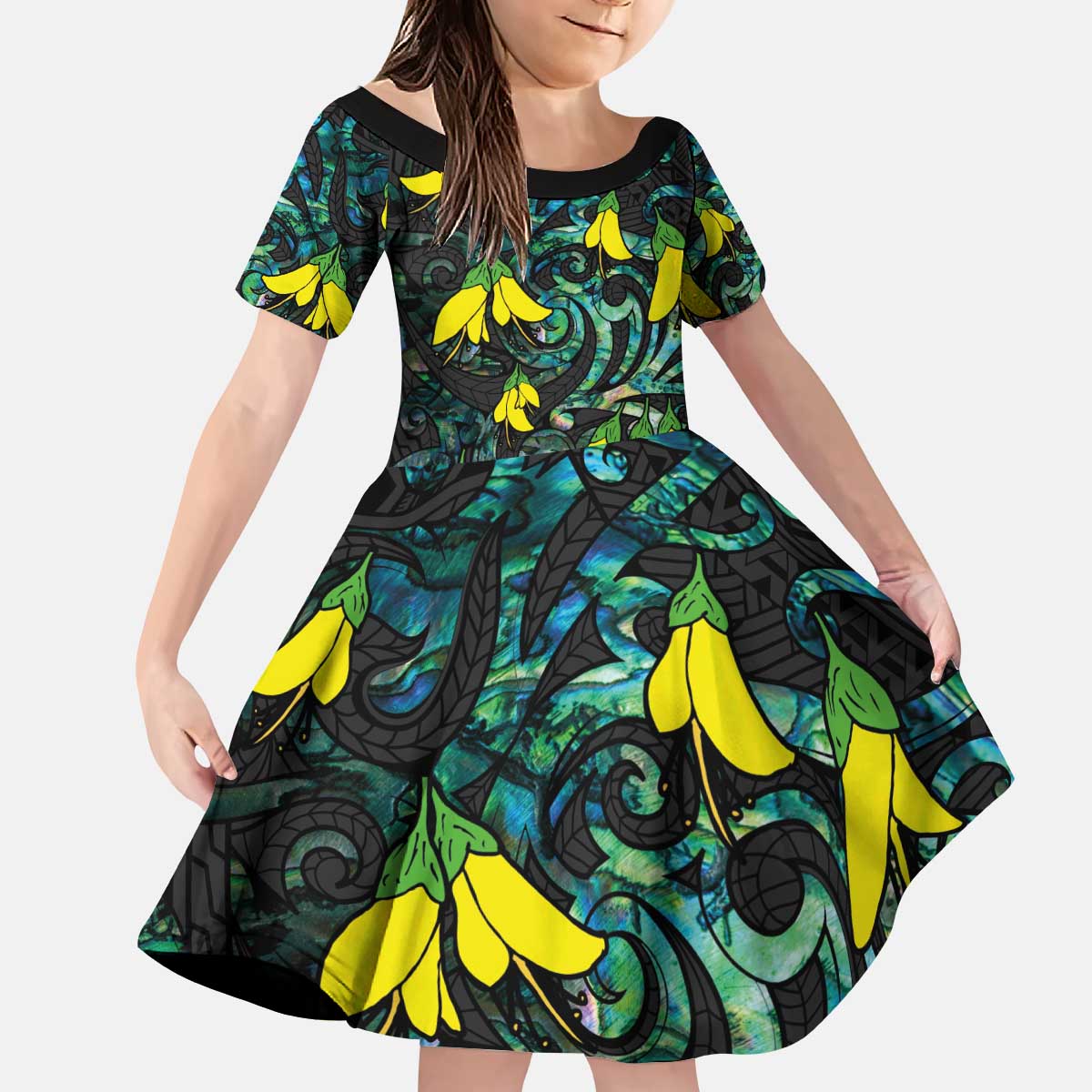 New Zealand Kowhai Flowers Kid Short Sleeve Dress Maori Koru Pattern With Paua Shell Style