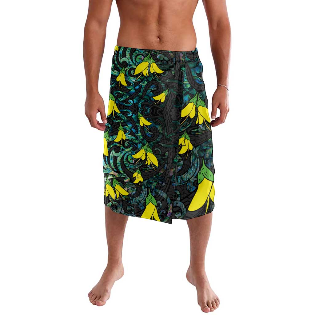 New Zealand Kowhai Flowers Lavalava Maori Koru Pattern With Paua Shell Style LT03 Black - Polynesian Pride
