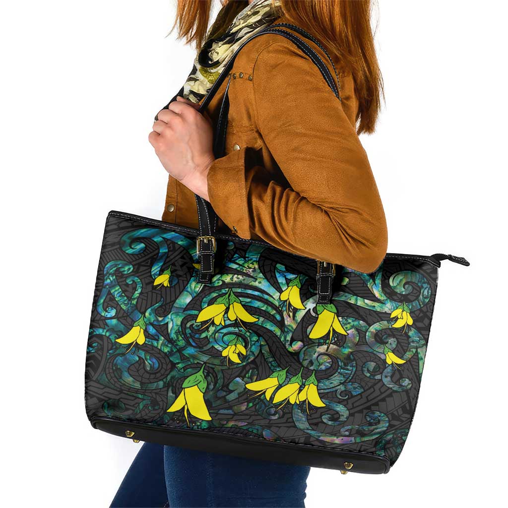 New Zealand Kowhai Flowers Leather Tote Bag Maori Koru Pattern With Paua Shell Style LT03 Black - Polynesian Pride