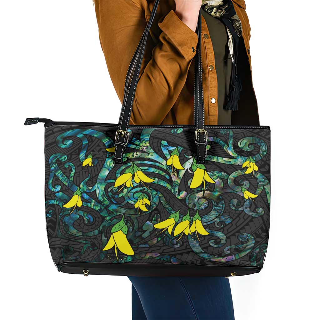 New Zealand Kowhai Flowers Leather Tote Bag Maori Koru Pattern With Paua Shell Style LT03 - Polynesian Pride