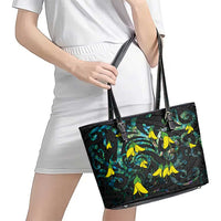 New Zealand Kowhai Flowers Leather Tote Bag Maori Koru Pattern With Paua Shell Style LT03 - Polynesian Pride