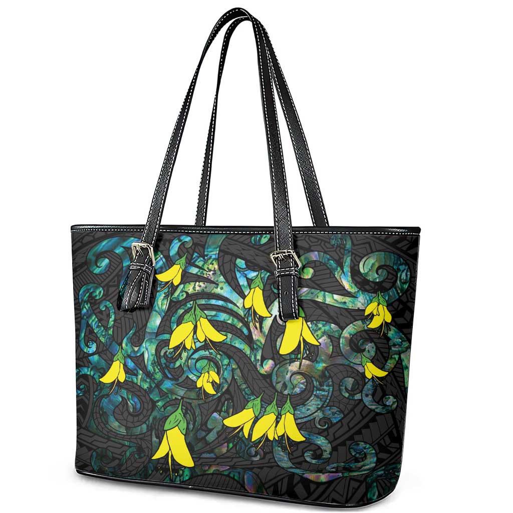 New Zealand Kowhai Flowers Leather Tote Bag Maori Koru Pattern With Paua Shell Style LT03 - Polynesian Pride
