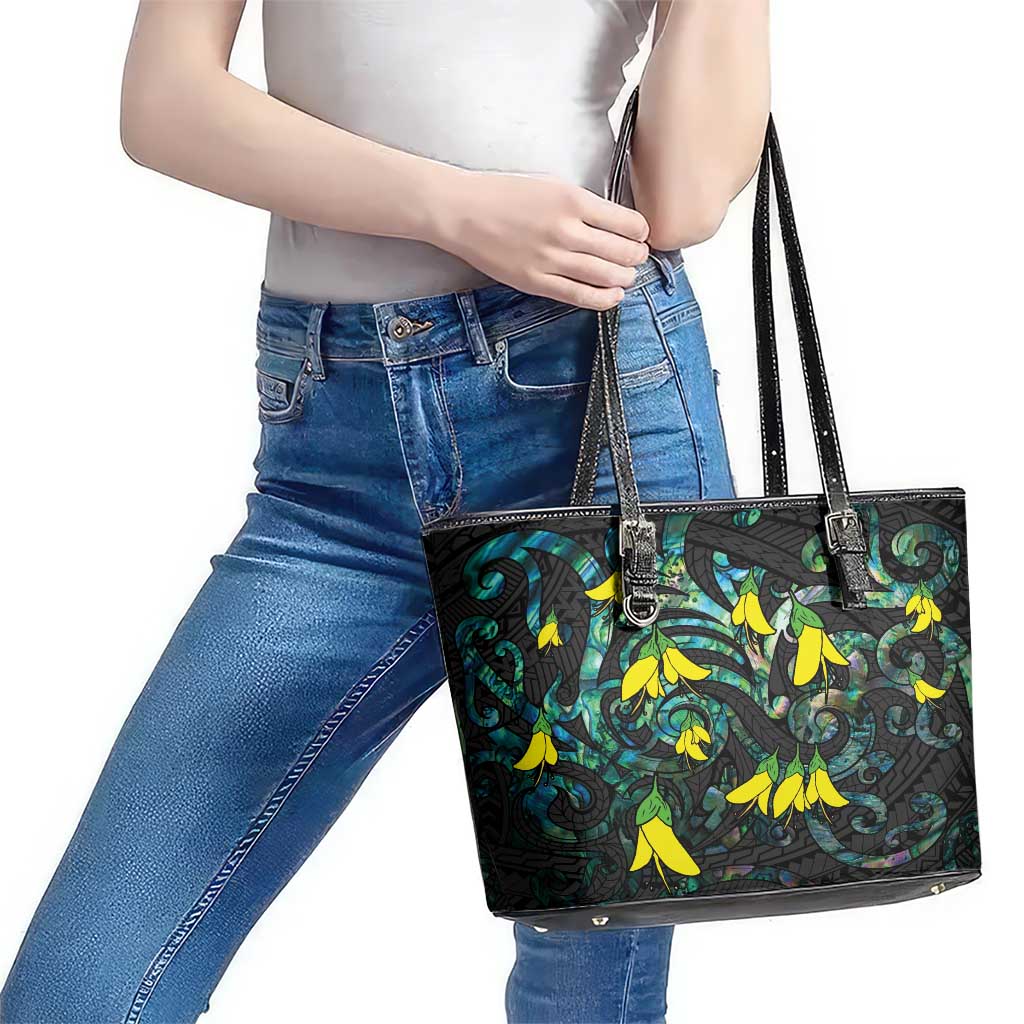 New Zealand Kowhai Flowers Leather Tote Bag Maori Koru Pattern With Paua Shell Style LT03 - Polynesian Pride