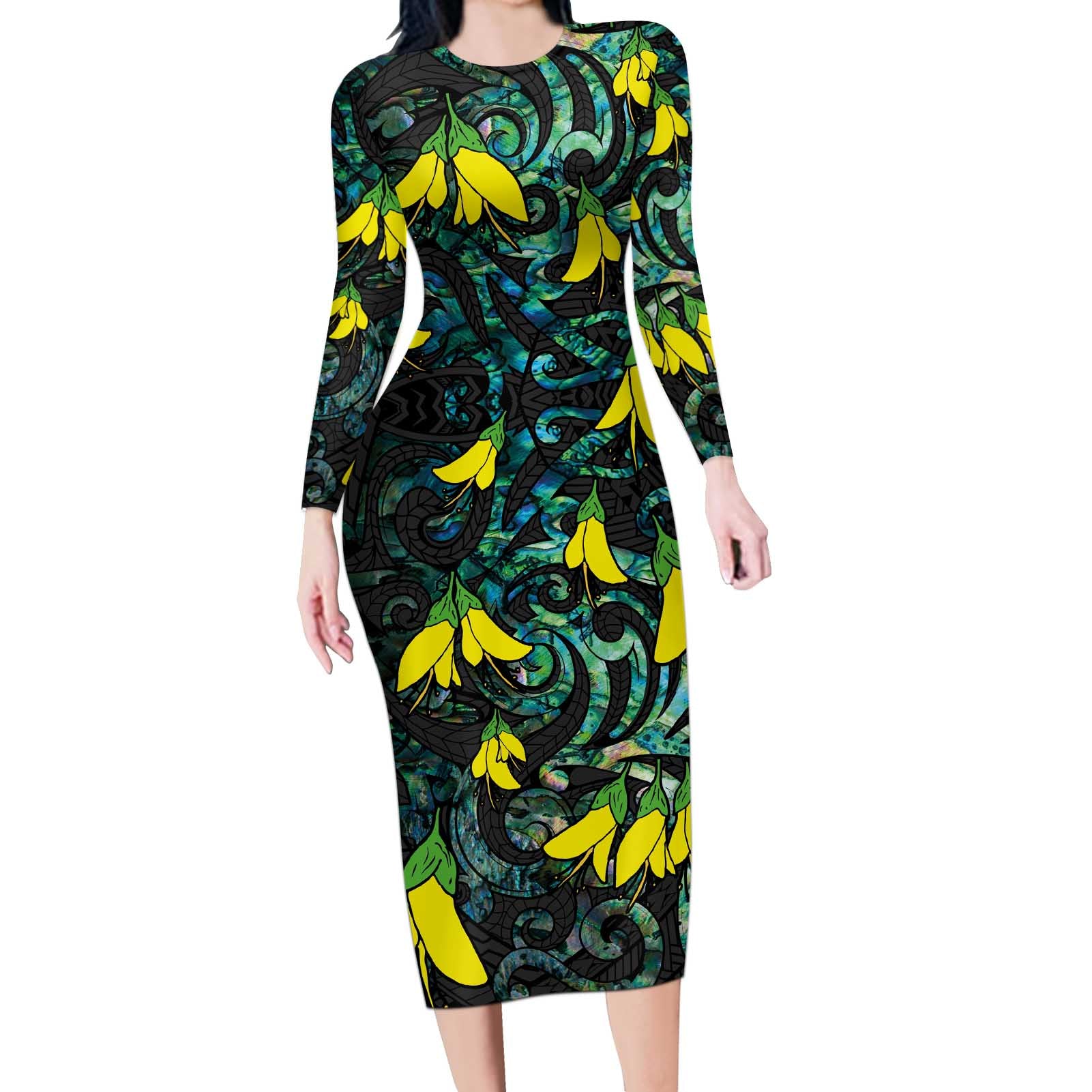 New Zealand Kowhai Flowers Long Sleeve Bodycon Dress Maori Koru Pattern With Paua Shell Style