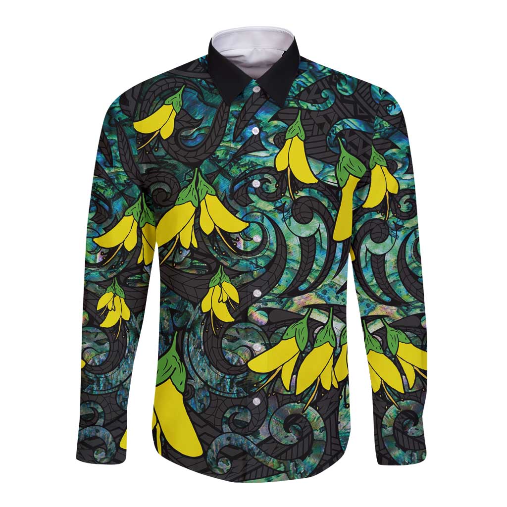 New Zealand Kowhai Flowers Long Sleeve Button Shirt Maori Koru Pattern With Paua Shell Style