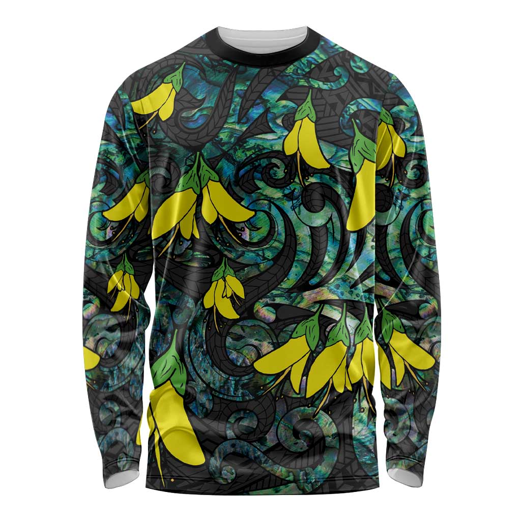 New Zealand Kowhai Flowers Long Sleeve Shirt Maori Koru Pattern With Paua Shell Style