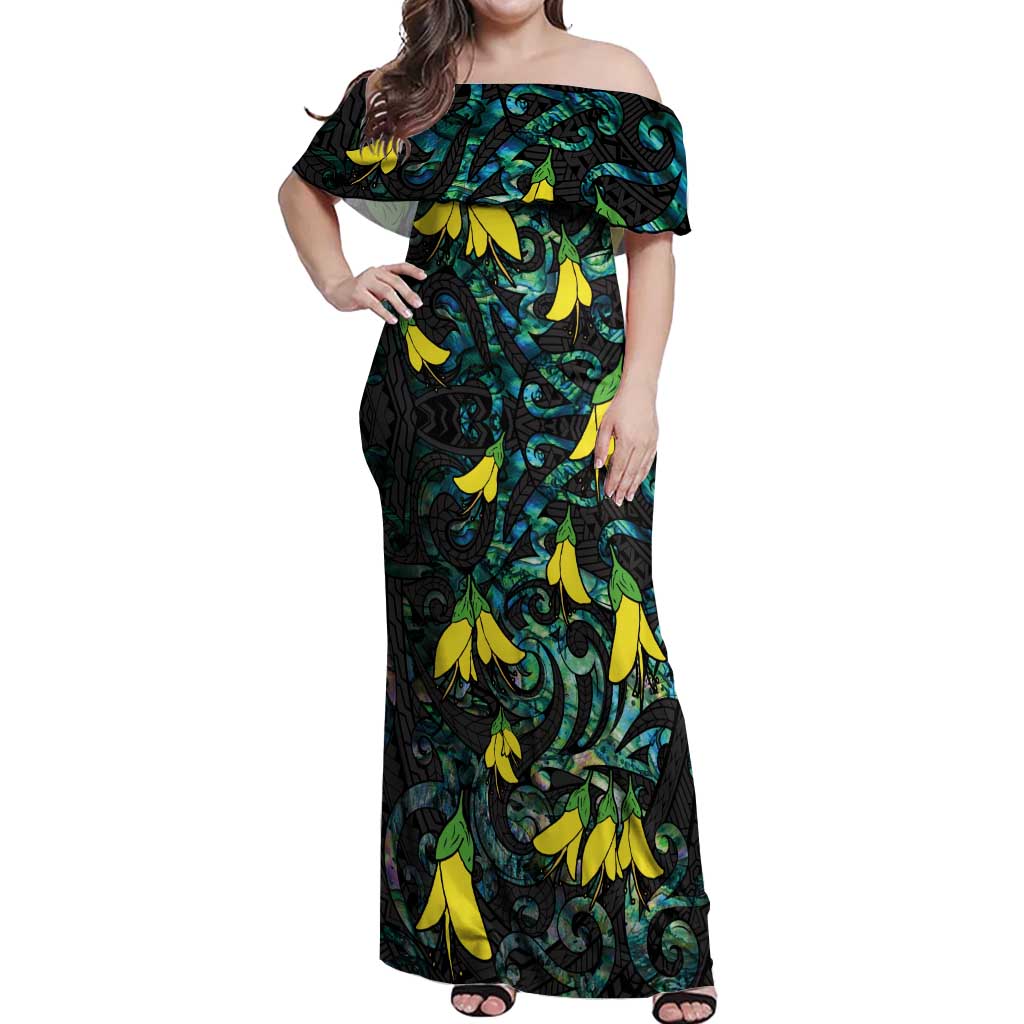 New Zealand Kowhai Flowers Off Shoulder Maxi Dress Maori Koru Pattern With Paua Shell Style