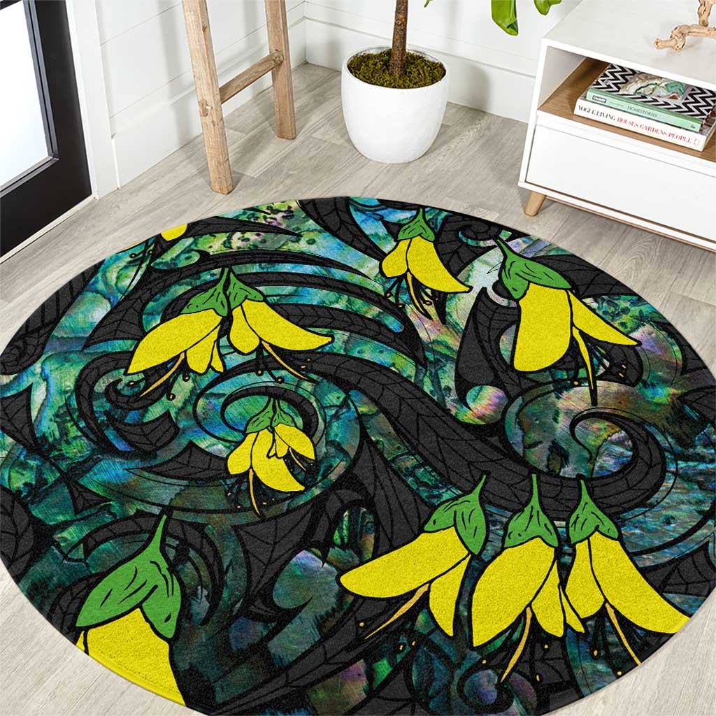 New Zealand Kowhai Flowers Round Carpet Maori Koru Pattern With Paua Shell Style