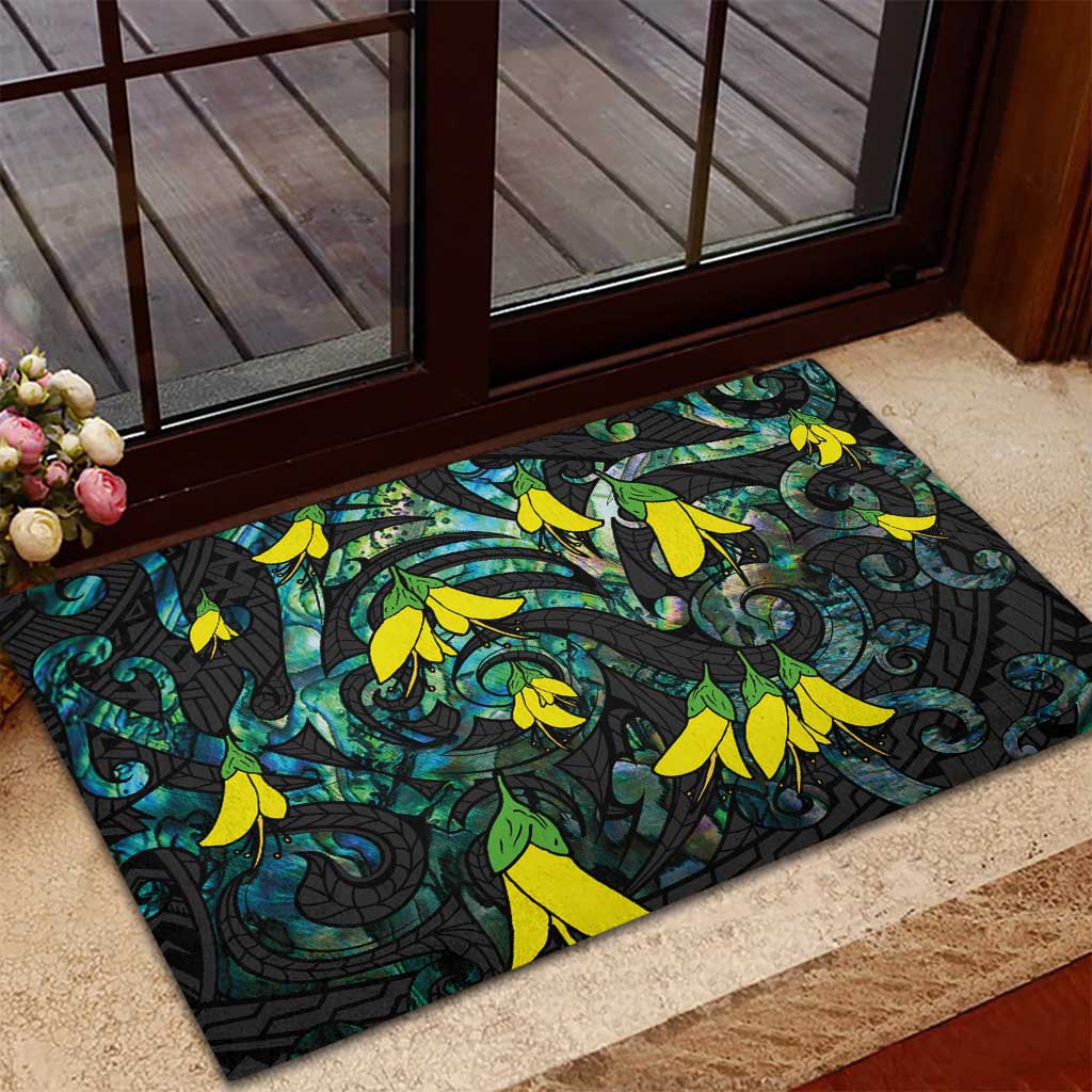 New Zealand Kowhai Flowers Rubber Doormat Maori Koru Pattern With Paua Shell Style LT03 - Polynesian Pride