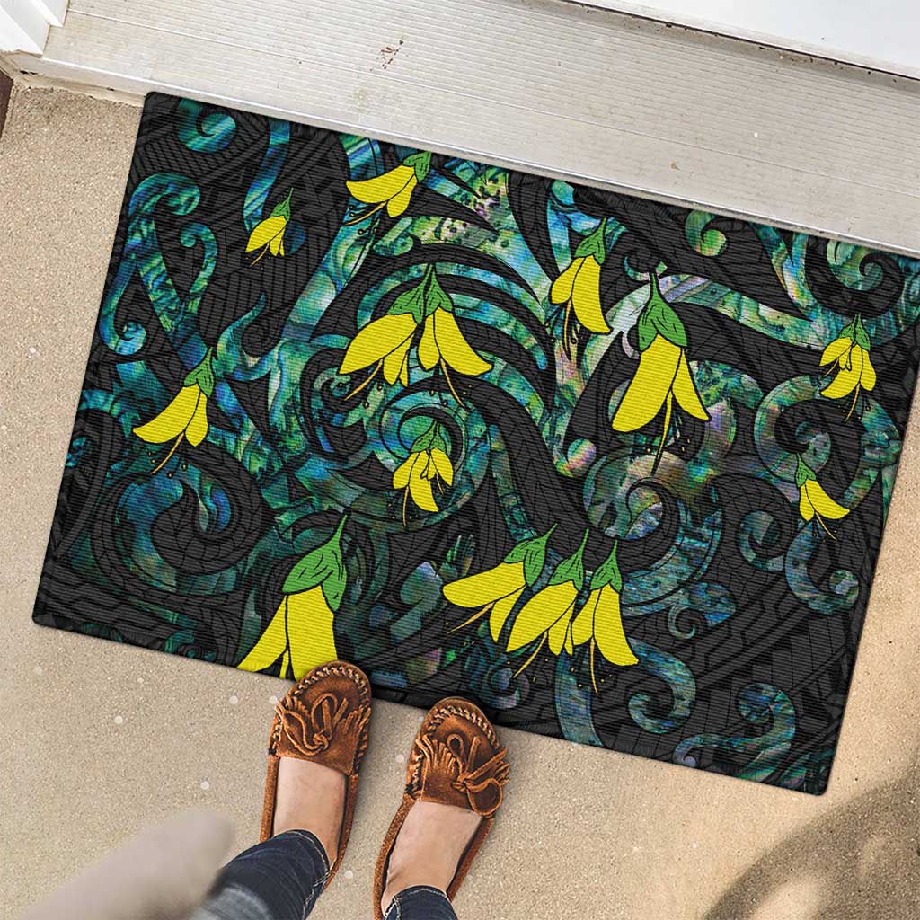 New Zealand Kowhai Flowers Rubber Doormat Maori Koru Pattern With Paua Shell Style LT03 - Polynesian Pride