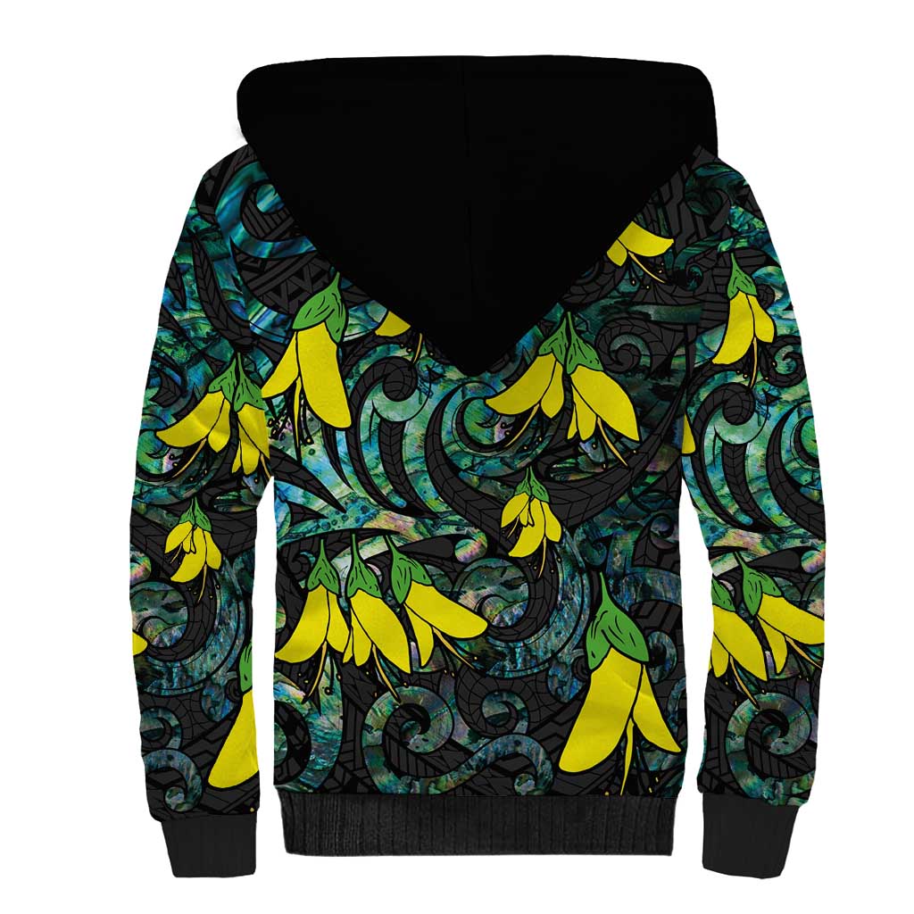 New Zealand Kowhai Flowers Sherpa Hoodie Maori Koru Pattern With Paua Shell Style LT03 - Polynesian Pride