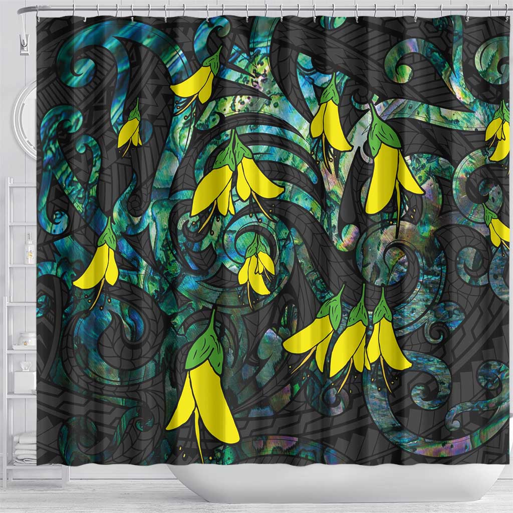 New Zealand Kowhai Flowers Shower Curtain Maori Koru Pattern With Paua Shell Style