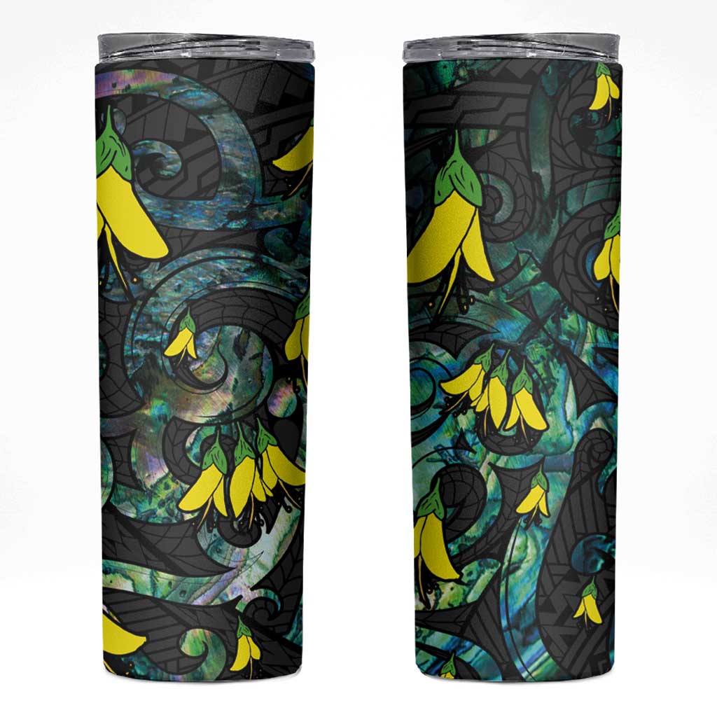 New Zealand Kowhai Flowers Skinny Tumbler Maori Koru Pattern With Paua Shell Style