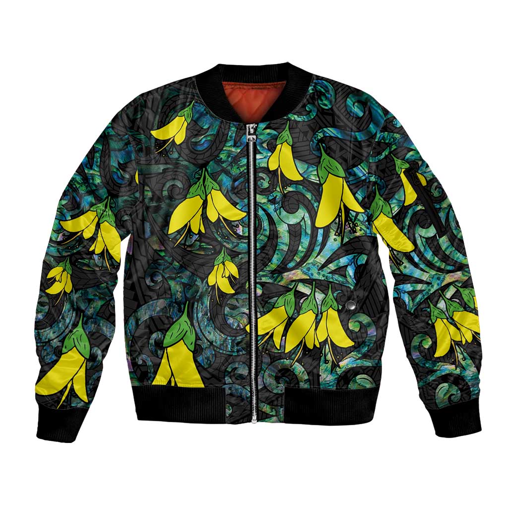 New Zealand Kowhai Flowers Sleeve Zip Bomber Jacket Maori Koru Pattern With Paua Shell Style