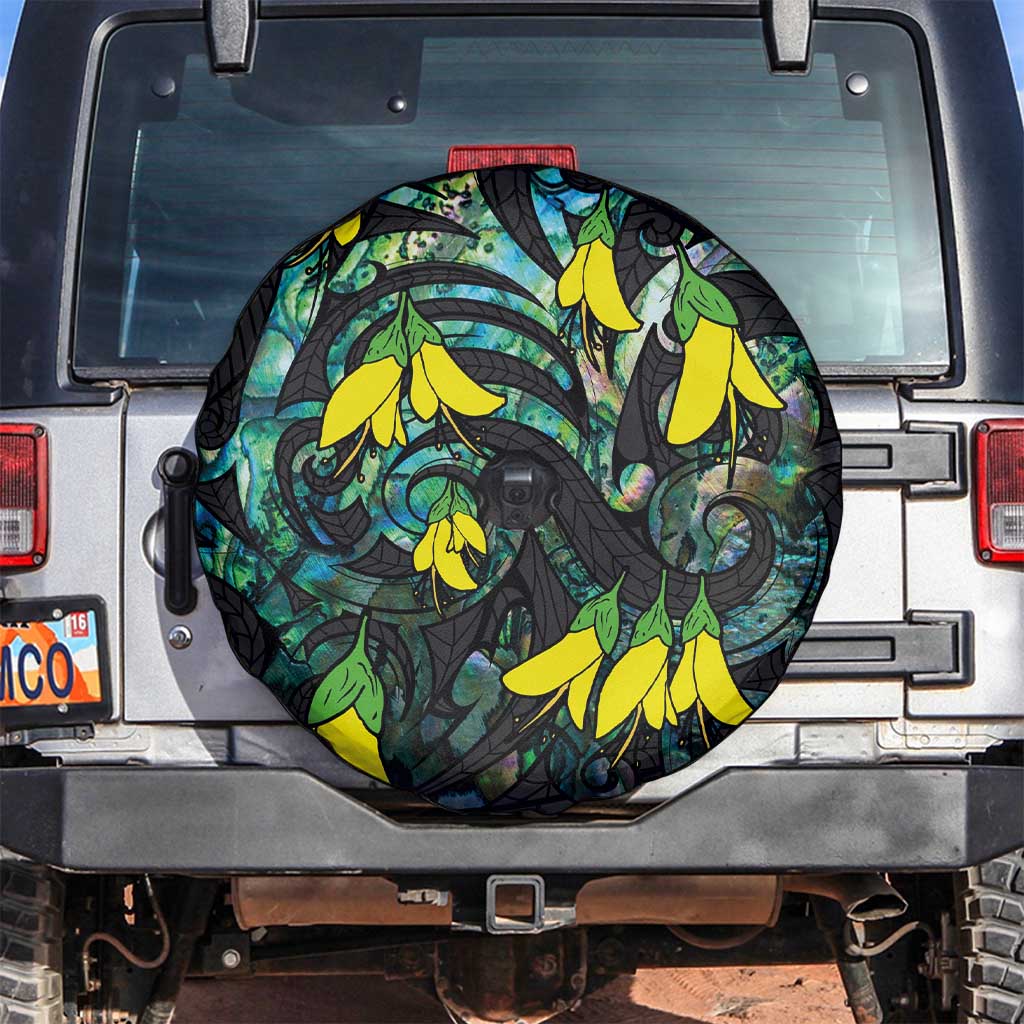 New Zealand Kowhai Flowers Spare Tire Cover Maori Koru Pattern With Paua Shell Style