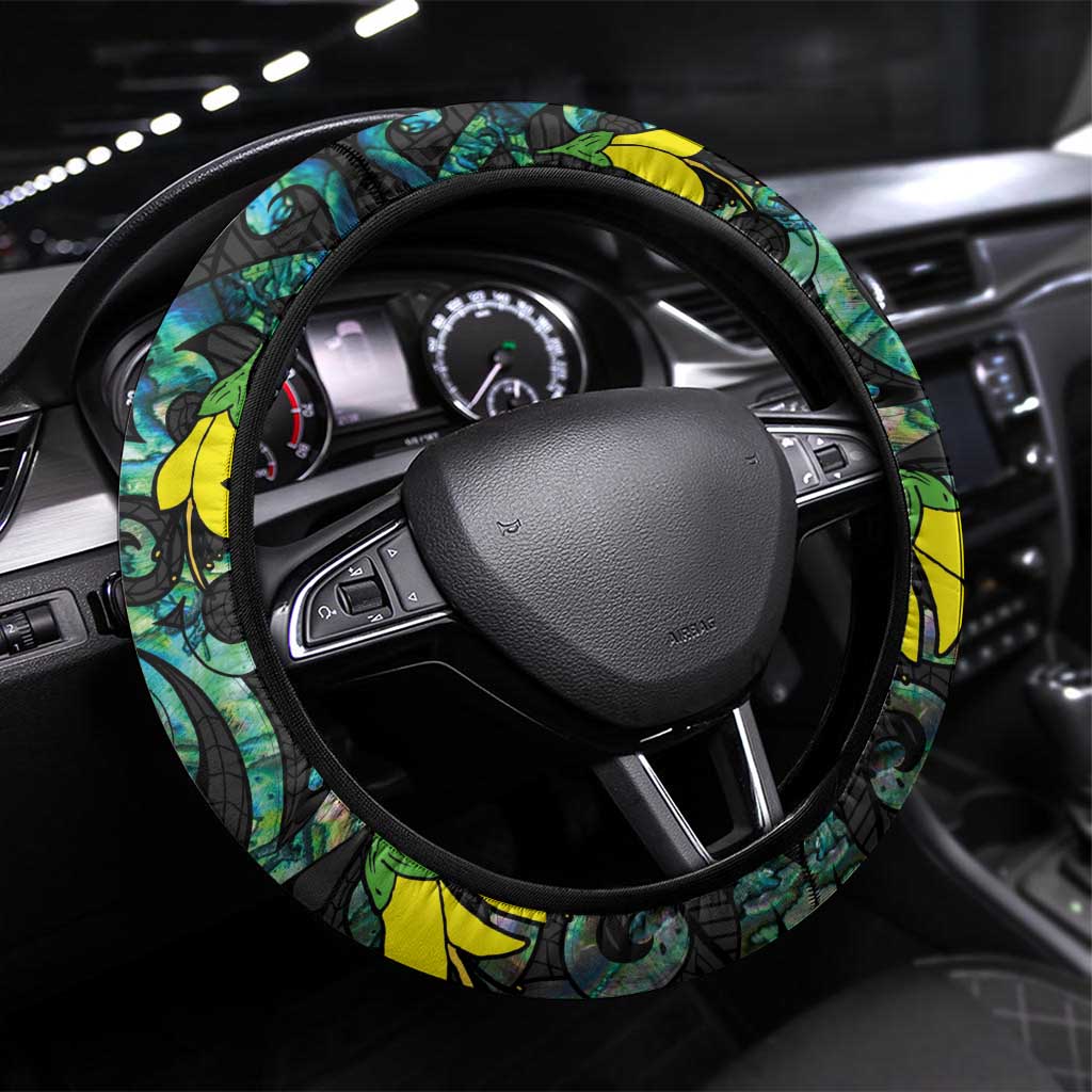 New Zealand Kowhai Flowers Steering Wheel Cover Maori Koru Pattern With Paua Shell Style LT03 Universal Fit Black - Polynesian Pride