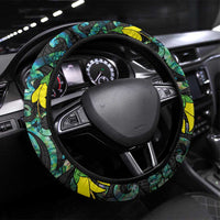 New Zealand Kowhai Flowers Steering Wheel Cover Maori Koru Pattern With Paua Shell Style LT03 Universal Fit Black - Polynesian Pride