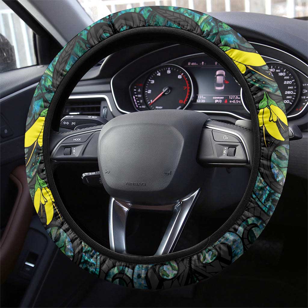 New Zealand Kowhai Flowers Steering Wheel Cover Maori Koru Pattern With Paua Shell Style LT03 - Polynesian Pride
