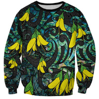 New Zealand Kowhai Flowers Sweatshirt Maori Koru Pattern With Paua Shell Style LT03 Unisex Black - Polynesian Pride