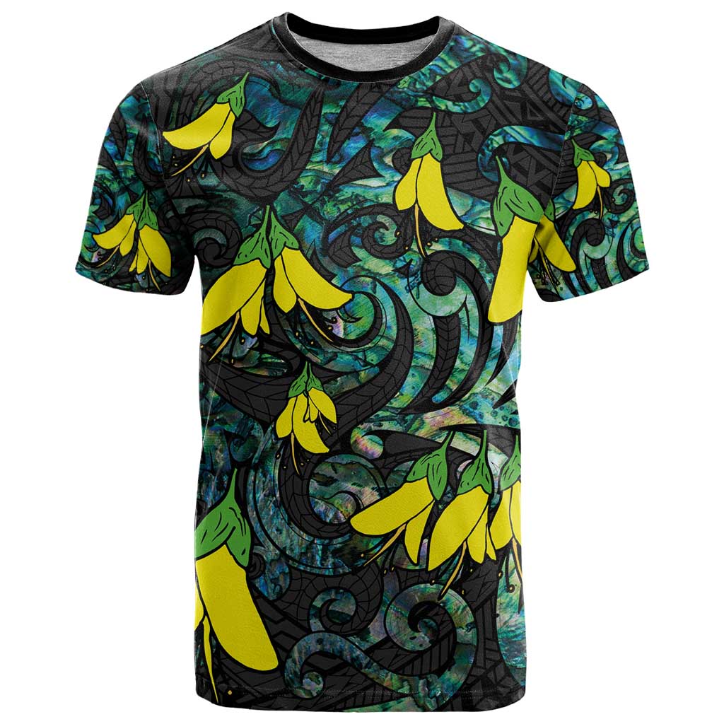 New Zealand Kowhai Flowers T Shirt Maori Koru Pattern With Paua Shell Style