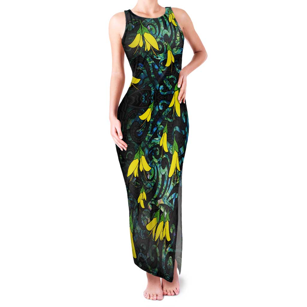 New Zealand Kowhai Flowers Tank Maxi Dress Maori Koru Pattern With Paua Shell Style