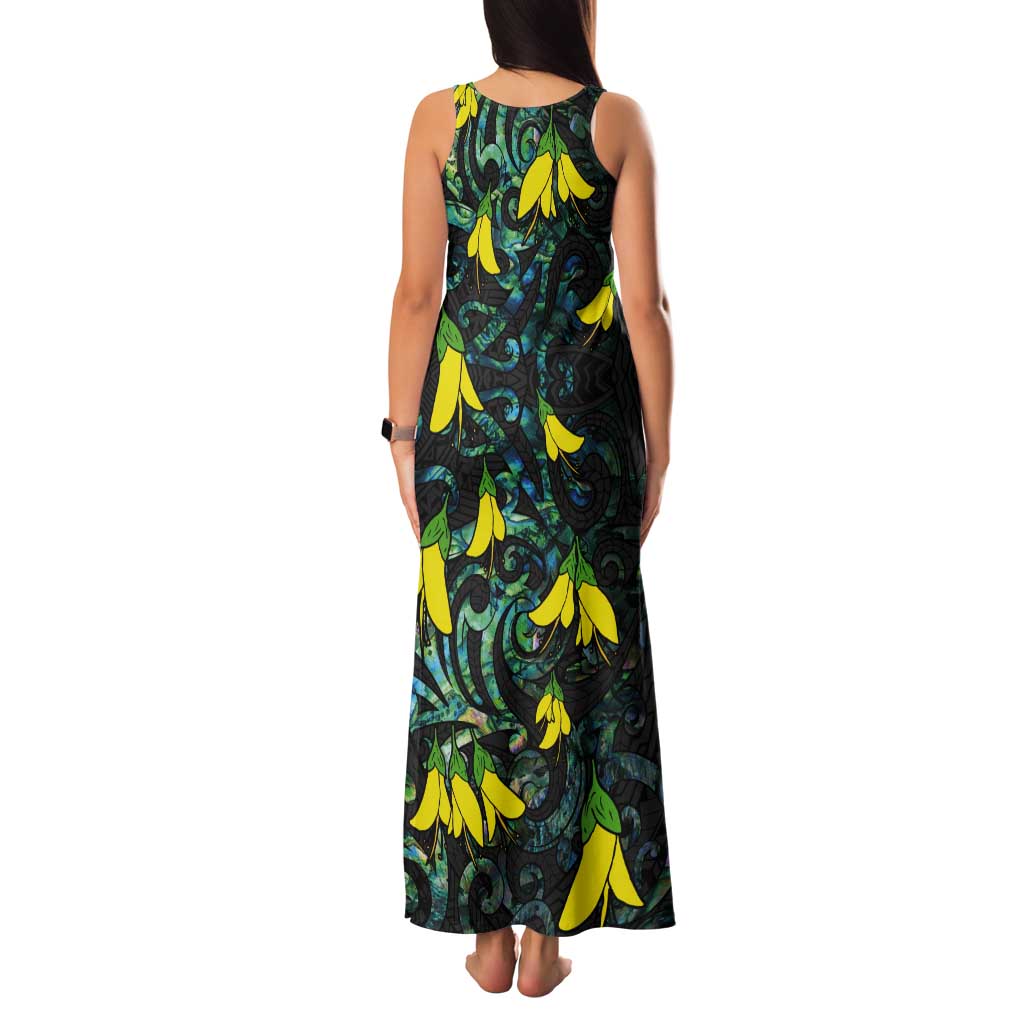 New Zealand Kowhai Flowers Tank Maxi Dress Maori Koru Pattern With Paua Shell Style