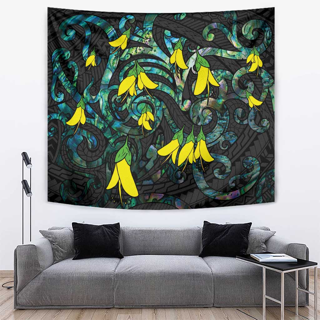 New Zealand Kowhai Flowers Tapestry Maori Koru Pattern With Paua Shell Style