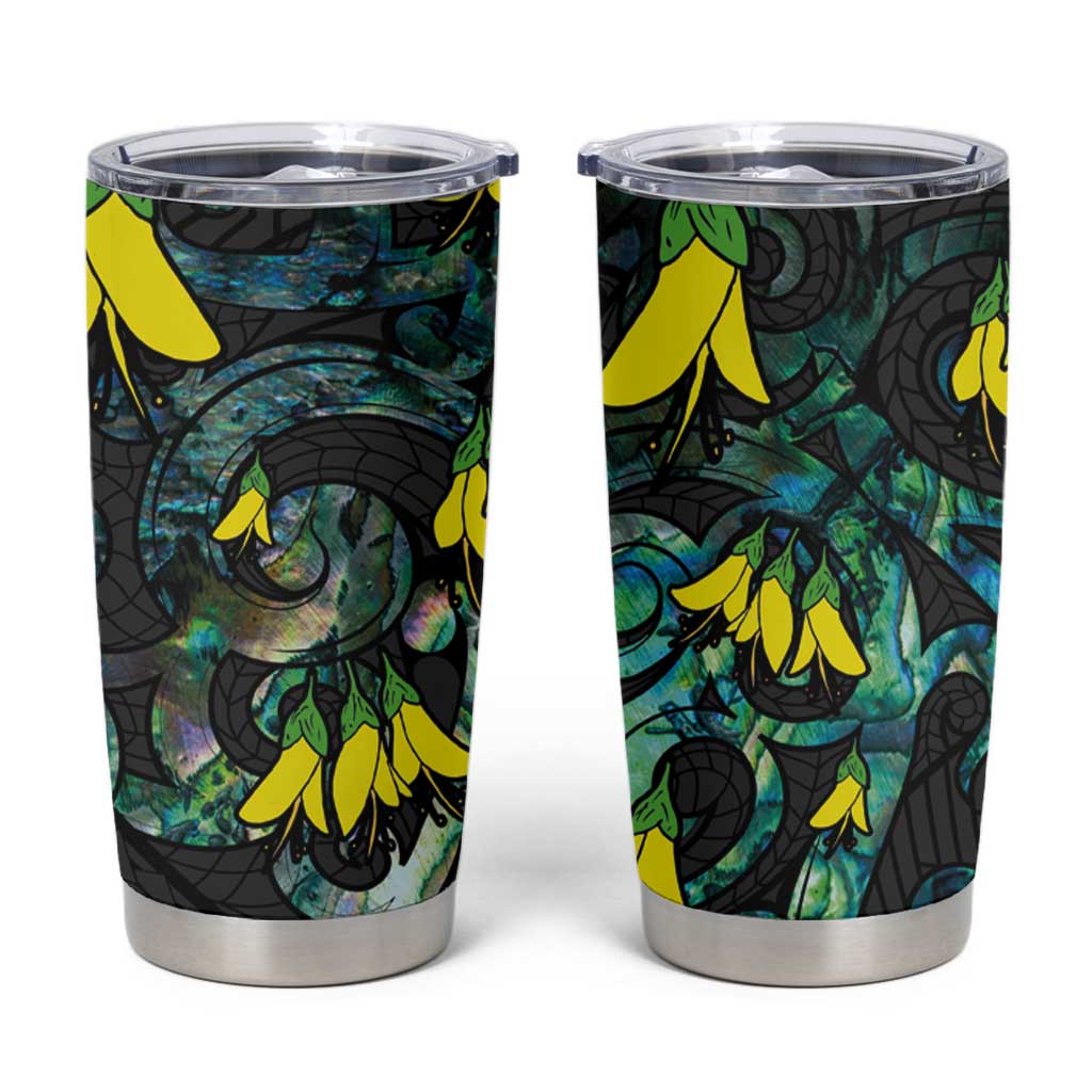 New Zealand Kowhai Flowers Tumbler Cup Maori Koru Pattern With Paua Shell Style