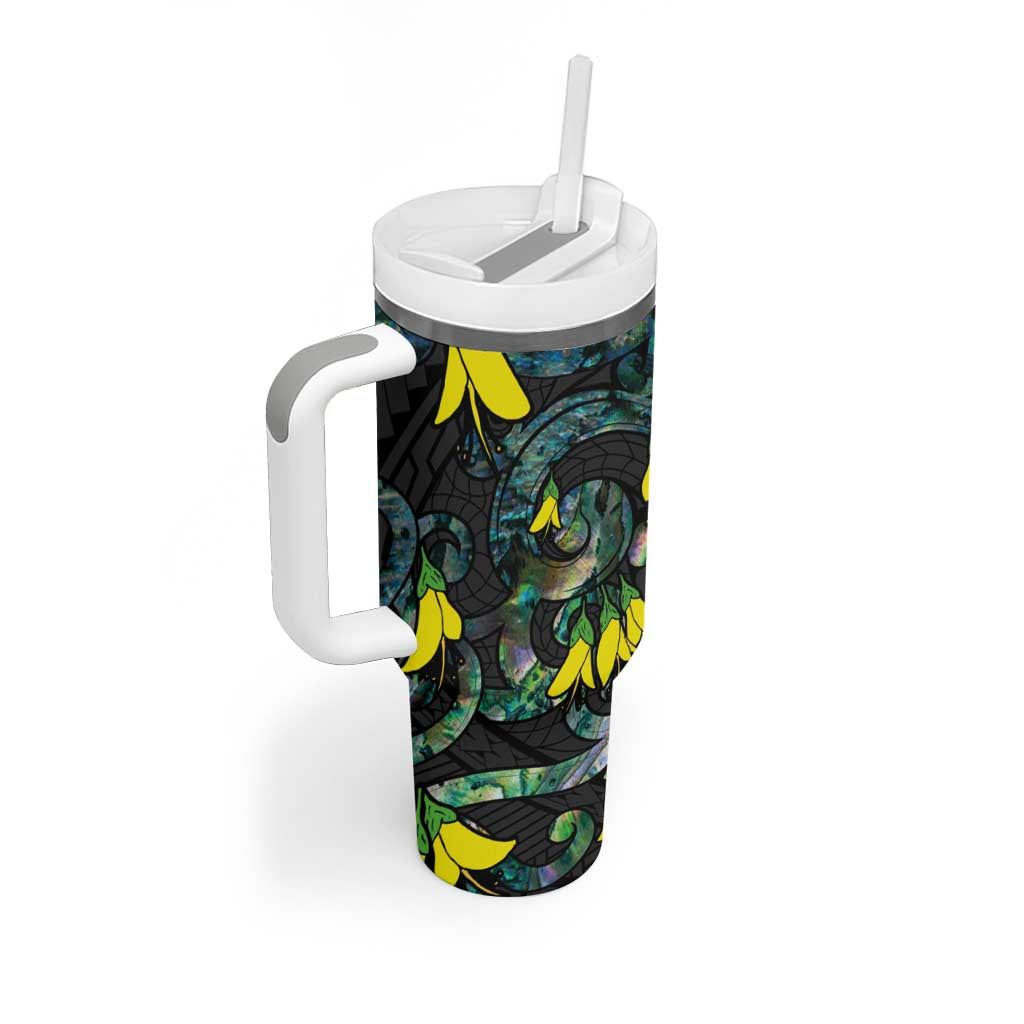 New Zealand Kowhai Flowers Tumbler With Handle Maori Koru Pattern With Paua Shell Style LT03 - Polynesian Pride