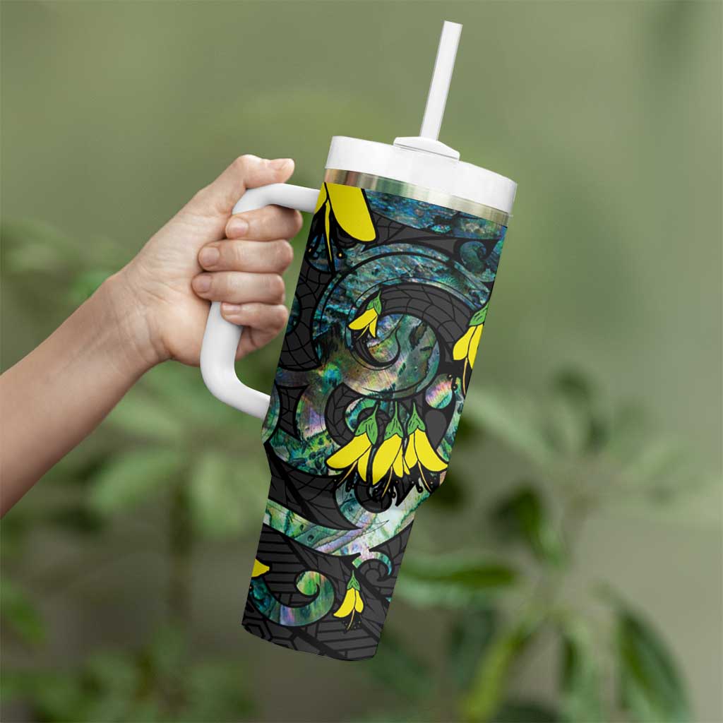 New Zealand Kowhai Flowers Tumbler With Handle Maori Koru Pattern With Paua Shell Style LT03 - Polynesian Pride