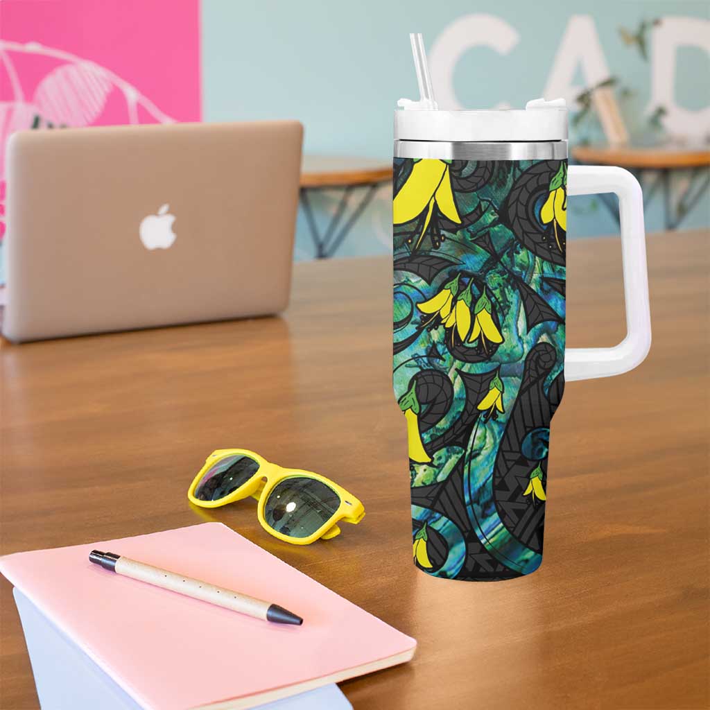 New Zealand Kowhai Flowers Tumbler With Handle Maori Koru Pattern With Paua Shell Style LT03 - Polynesian Pride