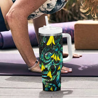 New Zealand Kowhai Flowers Tumbler With Handle Maori Koru Pattern With Paua Shell Style LT03 - Polynesian Pride
