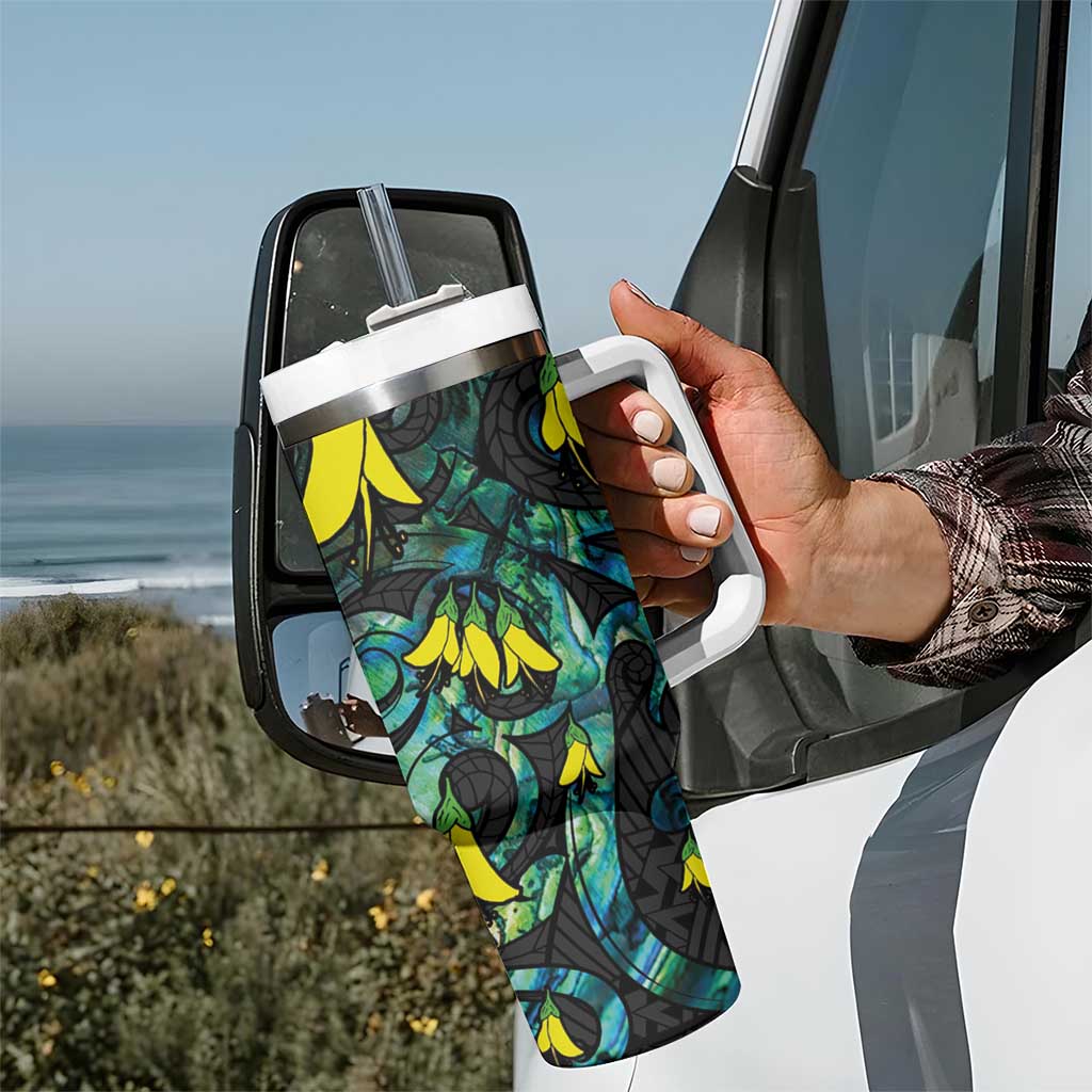 New Zealand Kowhai Flowers Tumbler With Handle Maori Koru Pattern With Paua Shell Style LT03 - Polynesian Pride