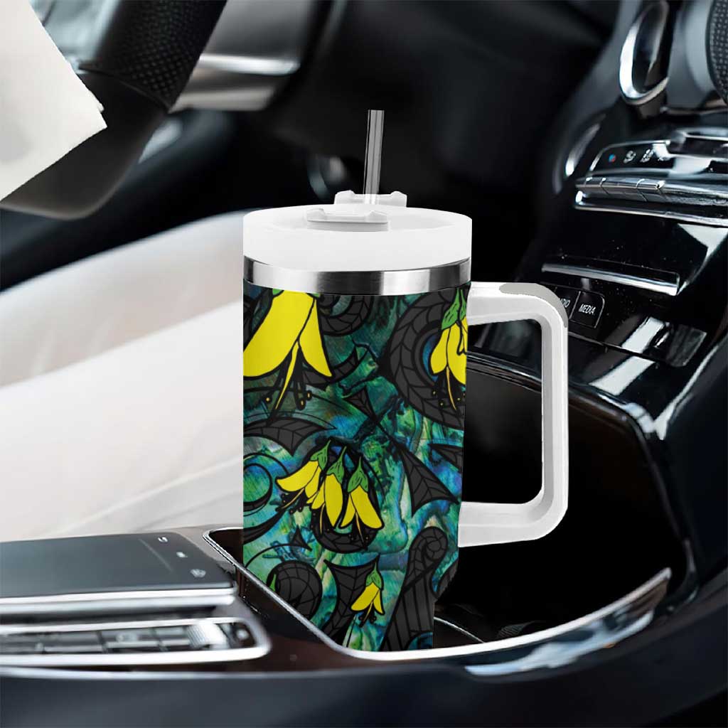 New Zealand Kowhai Flowers Tumbler With Handle Maori Koru Pattern With Paua Shell Style LT03 - Polynesian Pride