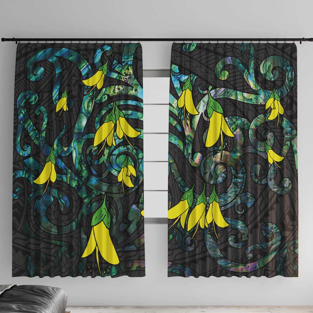 New Zealand Kowhai Flowers Window Curtain Maori Koru Pattern With Paua Shell Style LT03 With Hooks Black - Polynesian Pride