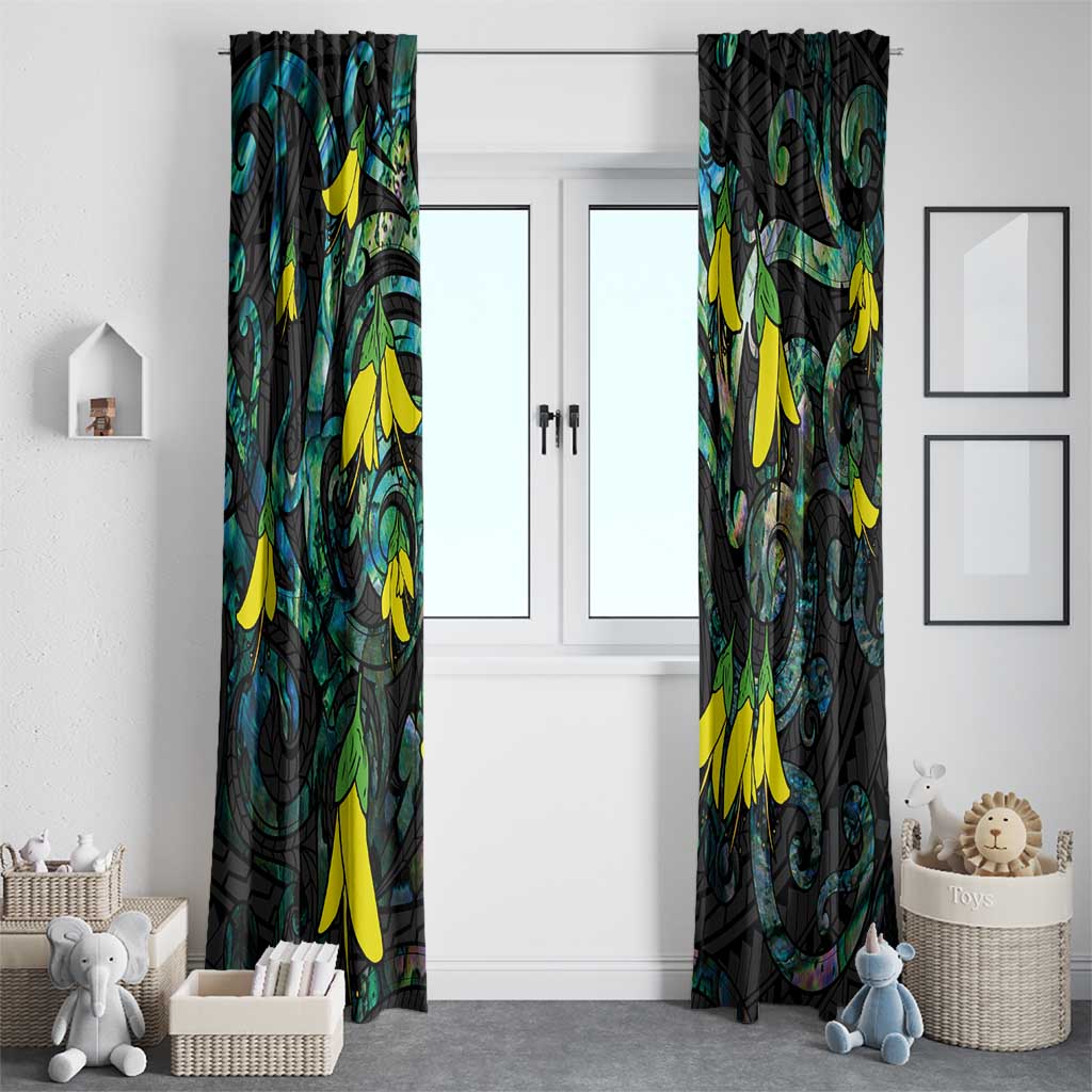 New Zealand Kowhai Flowers Window Curtain Maori Koru Pattern With Paua Shell Style LT03 - Polynesian Pride