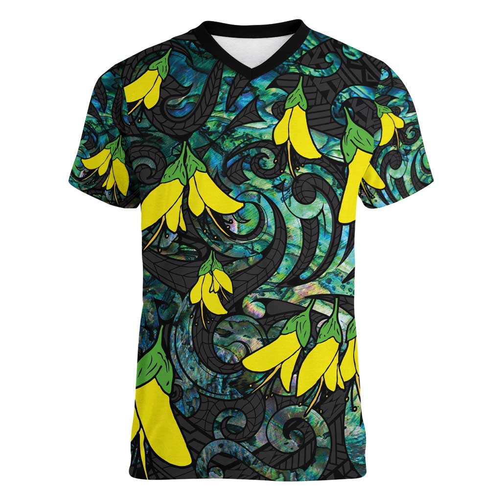 New Zealand Kowhai Flowers Women V-Neck T-Shirt Maori Koru Pattern With Paua Shell Style