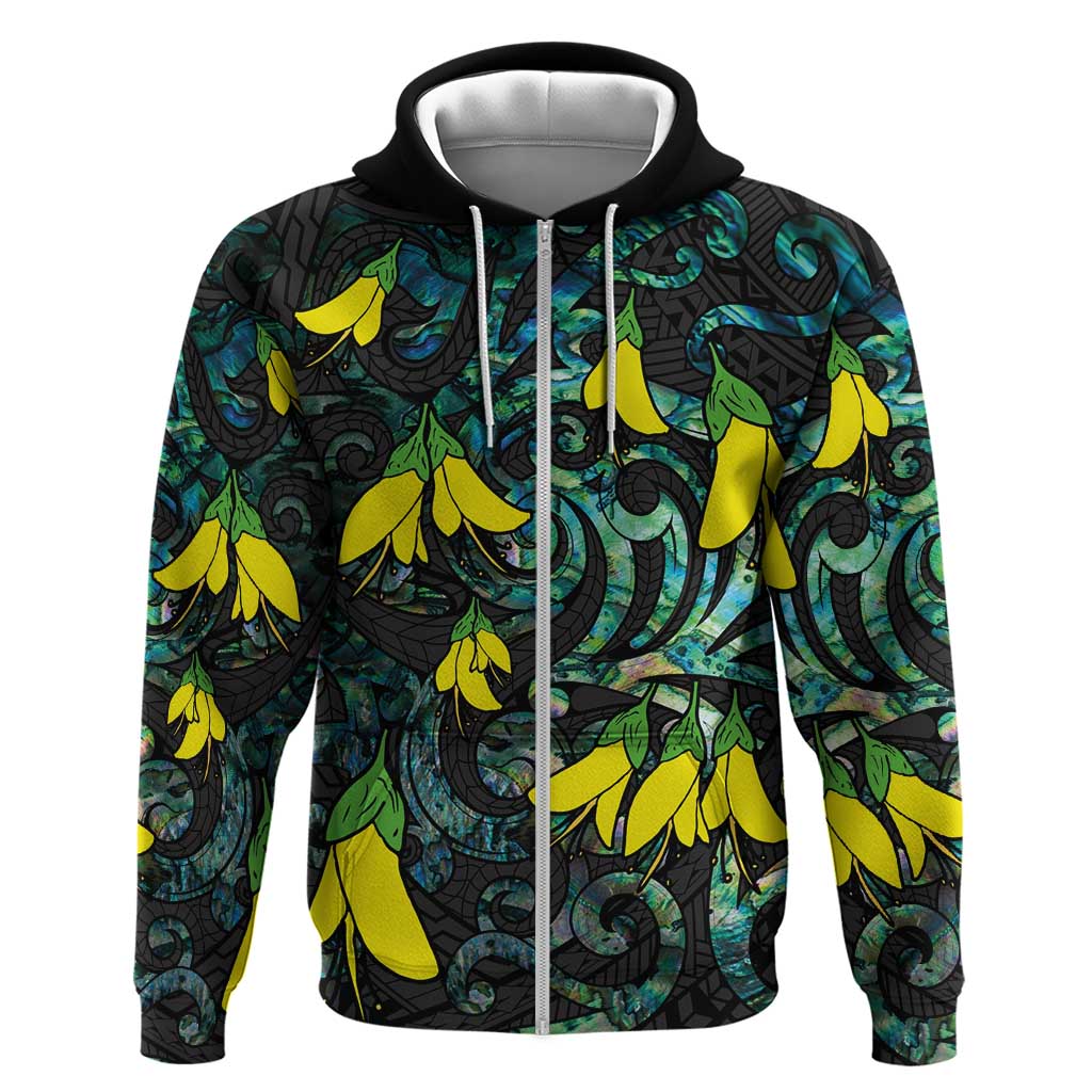 New Zealand Kowhai Flowers Zip Hoodie Maori Koru Pattern With Paua Shell Style