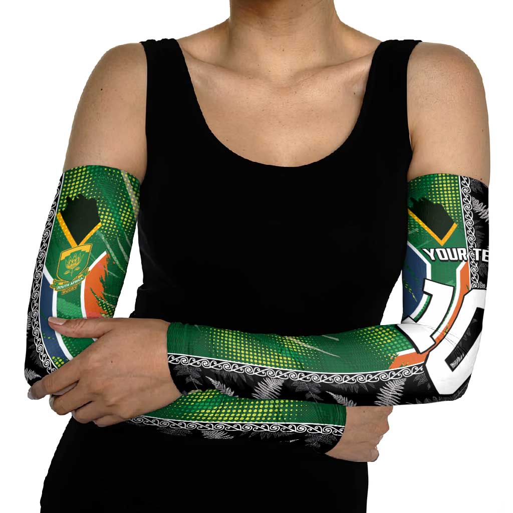 Custom Aotearoa South Africa Rugby Freedom Cup Arm Sleeves Maori Silver Fern Art and Sporty Flag SA - Polynesian Pride