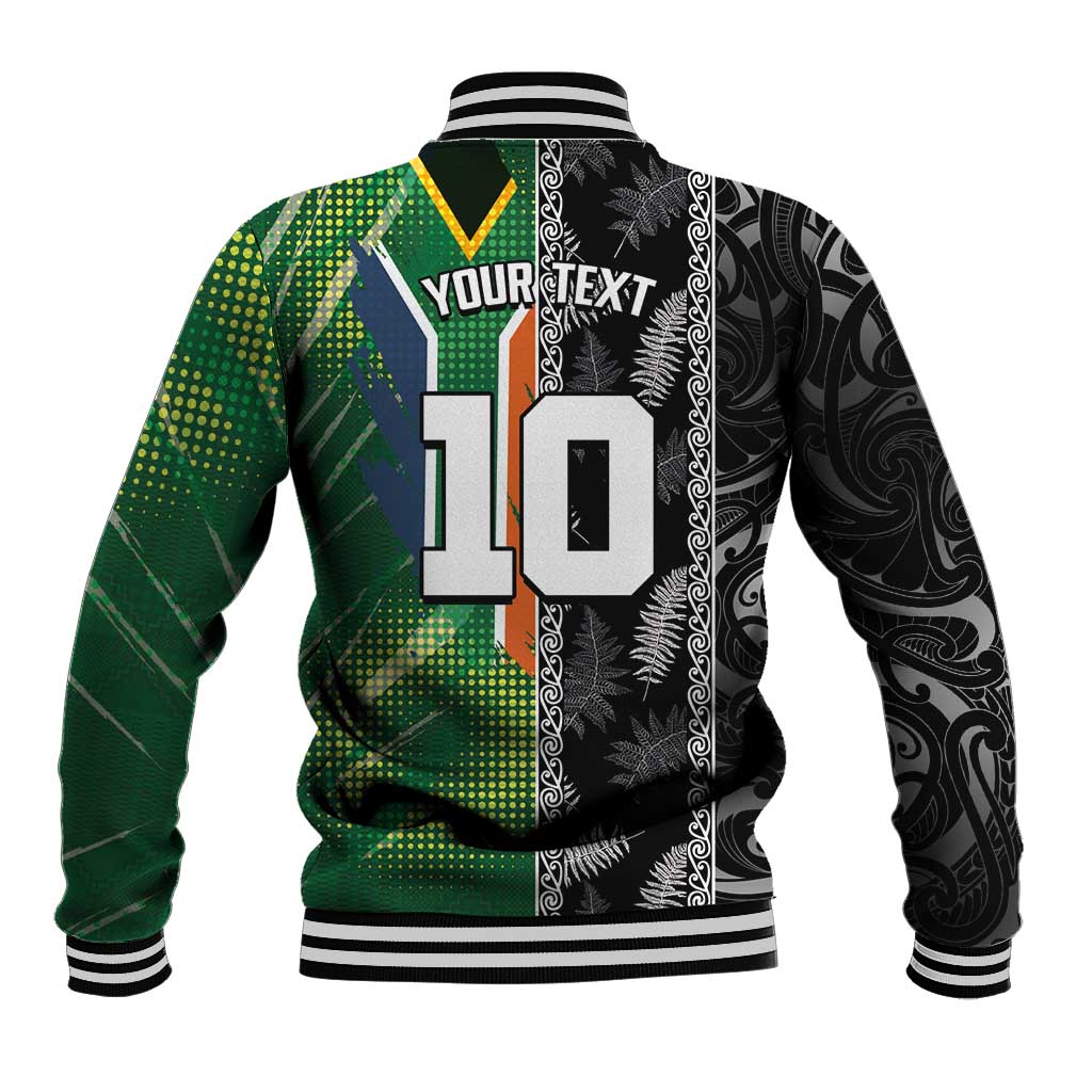 Custom Aotearoa South Africa Rugby Freedom Cup Baseball Jacket Maori Silver Fern Art and Sporty Flag SA - Polynesian Pride