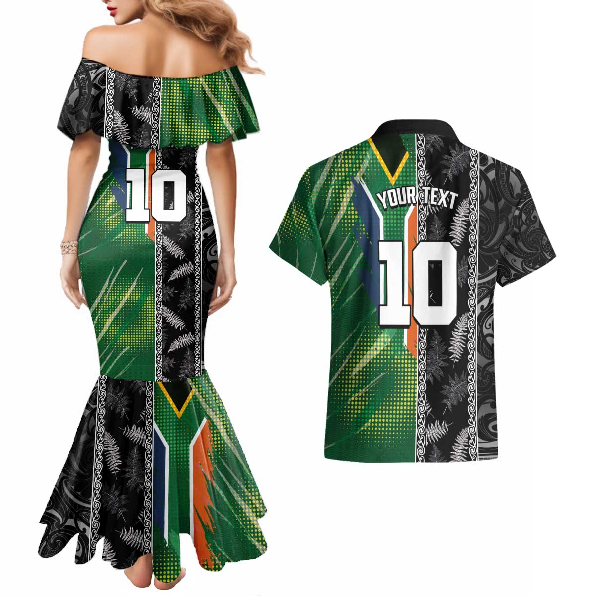 Custom Aotearoa South Africa Rugby Freedom Cup Couples Matching Mermaid Dress and Hawaiian Shirt Maori Silver Fern Art and Sporty Flag SA - Polynesian Pride