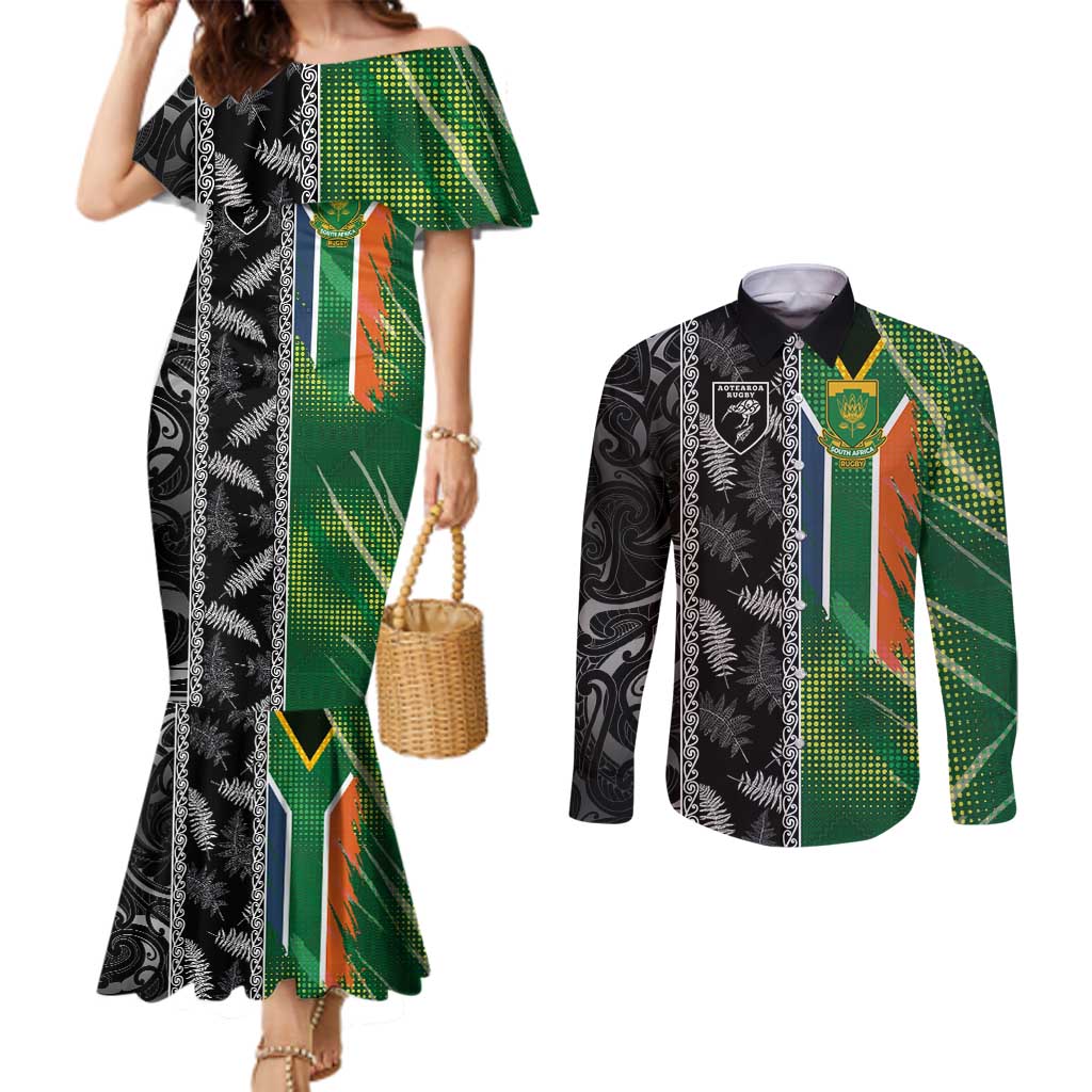 Custom Aotearoa South Africa Rugby Freedom Cup Couples Matching Mermaid Dress and Long Sleeve Button Shirt Maori Silver Fern Art and Sporty Flag SA - Polynesian Pride