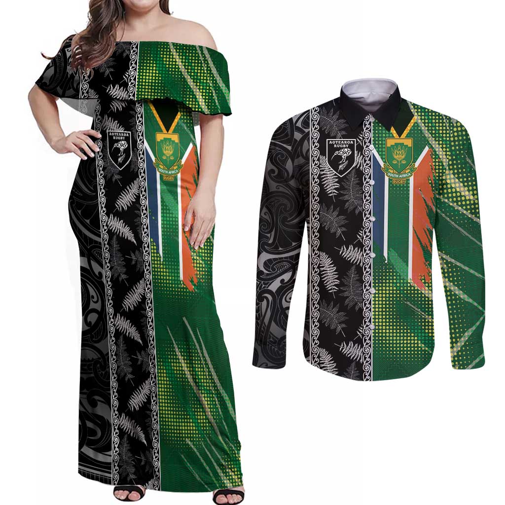 Custom Aotearoa South Africa Rugby Freedom Cup Couples Matching Off Shoulder Maxi Dress and Long Sleeve Button Shirt Maori Silver Fern Art and Sporty Flag SA - Polynesian Pride