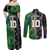 Custom Aotearoa South Africa Rugby Freedom Cup Couples Matching Off Shoulder Maxi Dress and Long Sleeve Button Shirt Maori Silver Fern Art and Sporty Flag SA - Polynesian Pride
