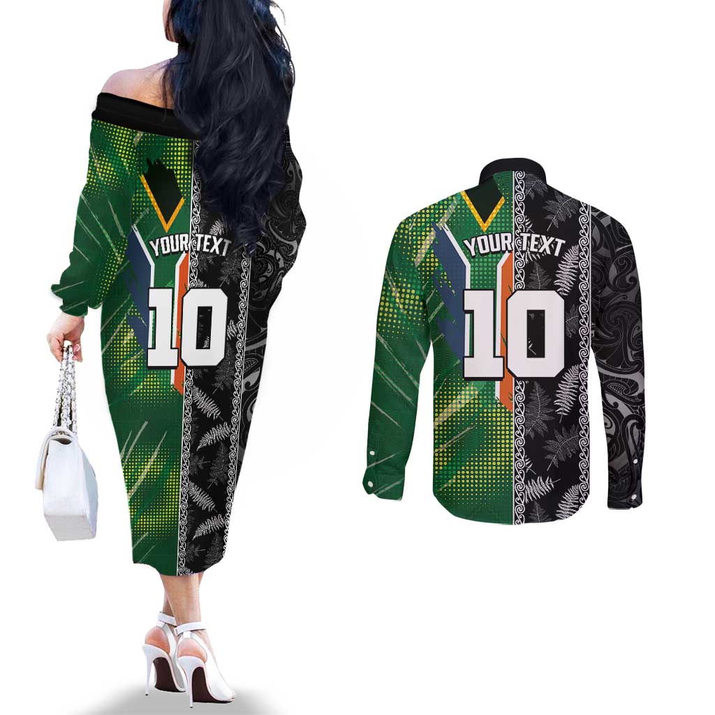Custom Aotearoa South Africa Rugby Freedom Cup Couples Matching Off The Shoulder Long Sleeve Dress and Long Sleeve Button Shirt Maori Silver Fern Art and Sporty Flag SA - Polynesian Pride
